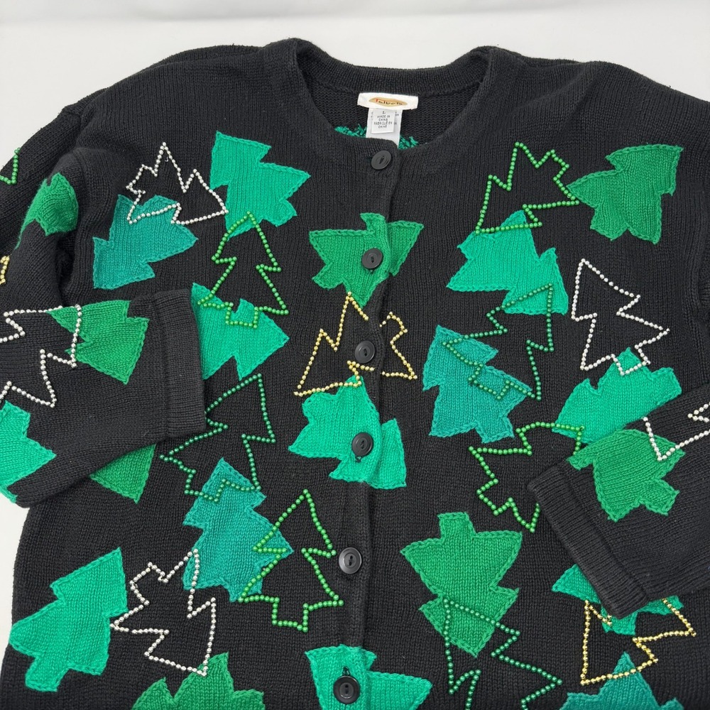 Talbots Vintage Beaded Christmas Tree Cardigan Sweater Black Green Large